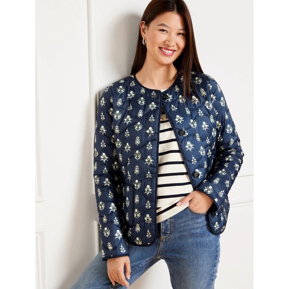 Talbots Quilted Jacket Navy Blue Floral M Petite Collarless Lightweight Puffer